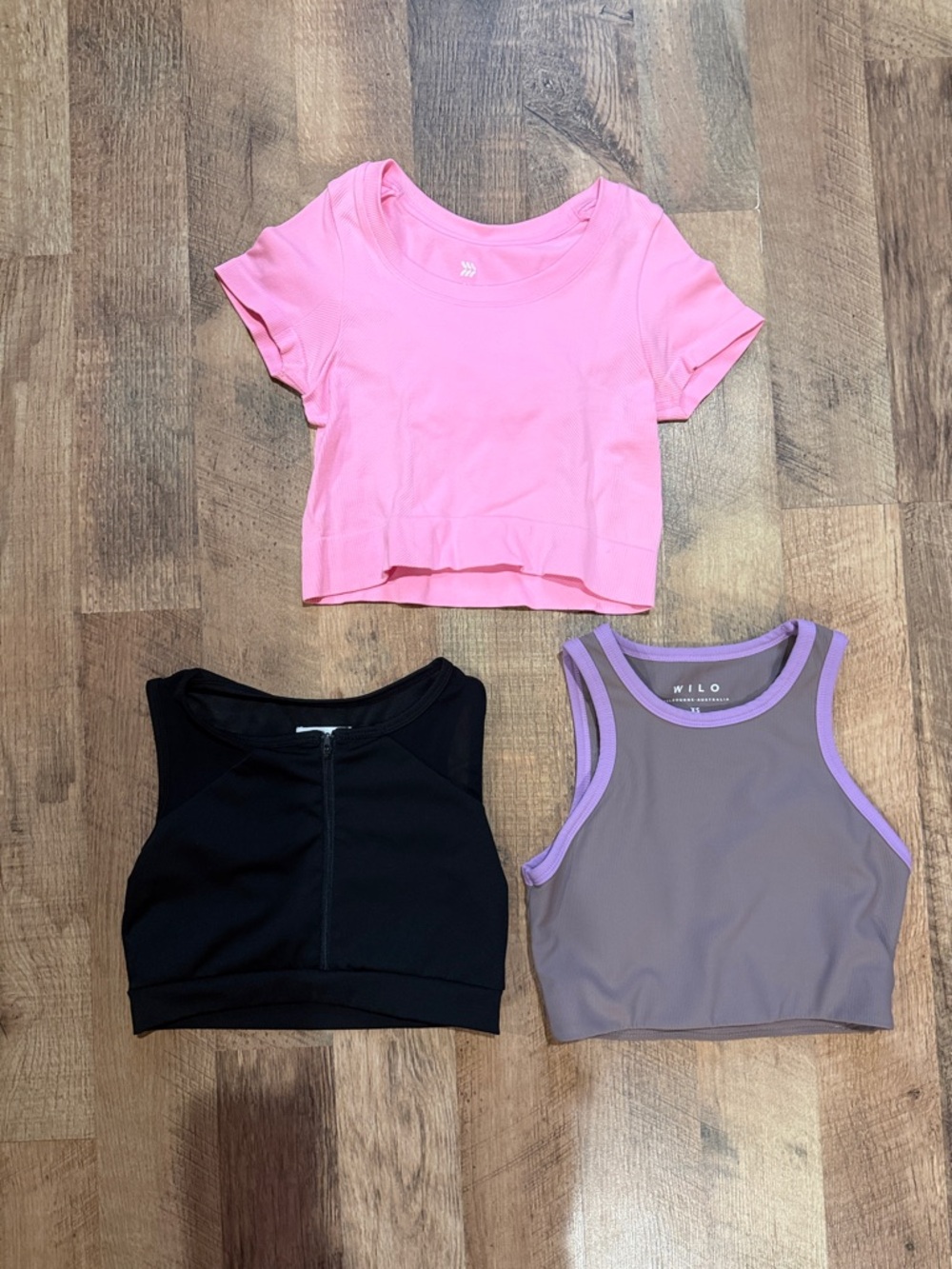 Set of 3 Cropped Athletic Tops - Pink, Black, Taupe with Lavender Trim - XS